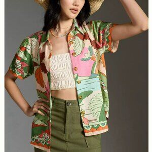Farm Rio Anthropologie Surf Buttondown Linen Blend Shirt
